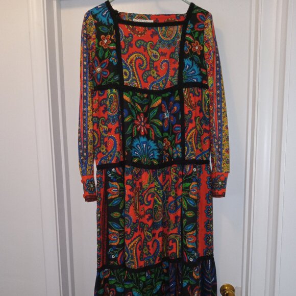 RARE 60s Vintage Bill Atkinson Glen Of Michigan Long Sleeve Patchwork Maxi Dress - Picture 2 of 6